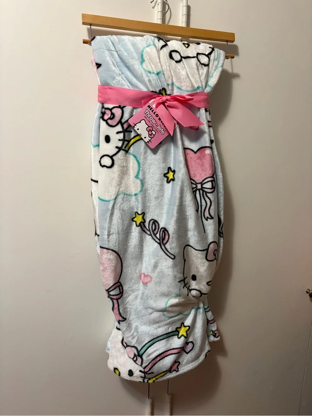 Hello Kitty Light Blue & Pink Plush Throw Blanket with Clouds & Hearts